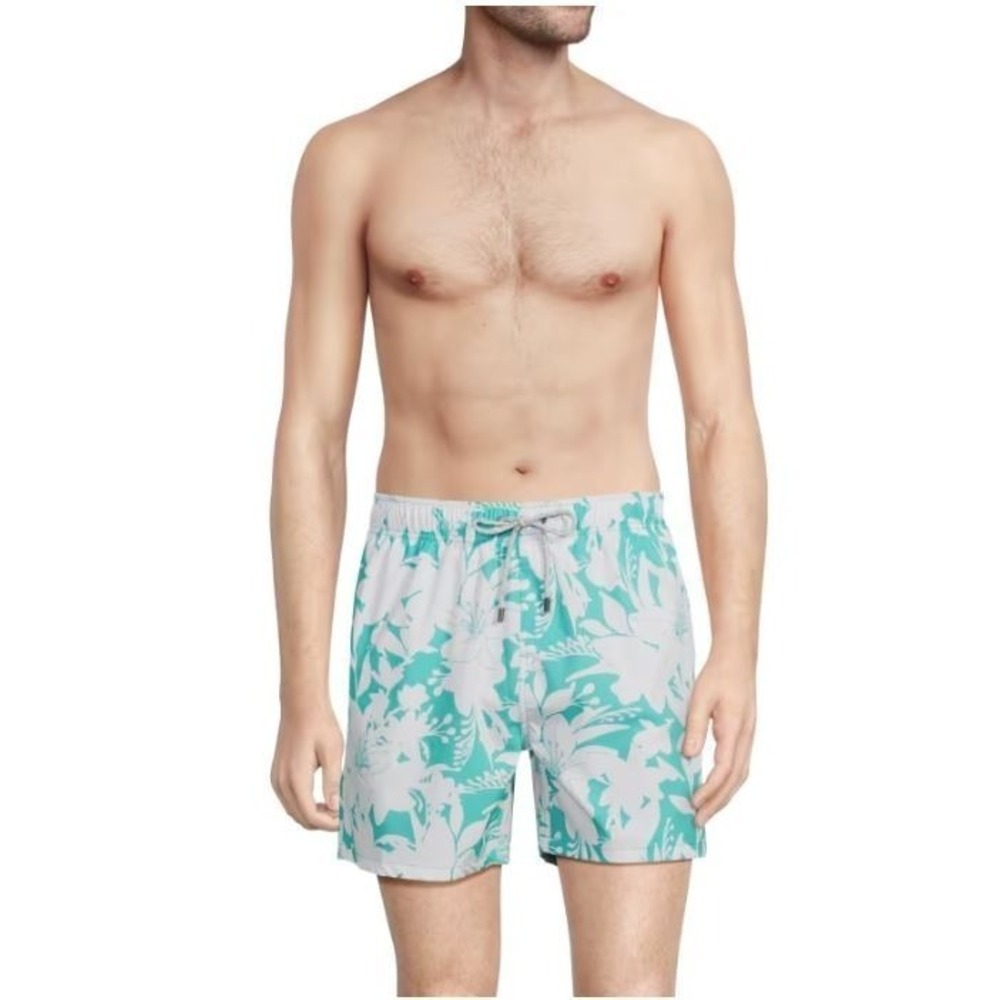 Vintage Summer Men's Tropical Print Drawstring Volley Swim Trunks in‎ Teal Large